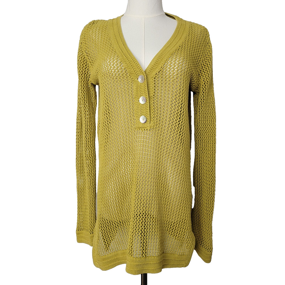 Chicos Green Sweater Open Weave Sz 2 (L 12) 100% Cotton Boho Cottagecore Casual